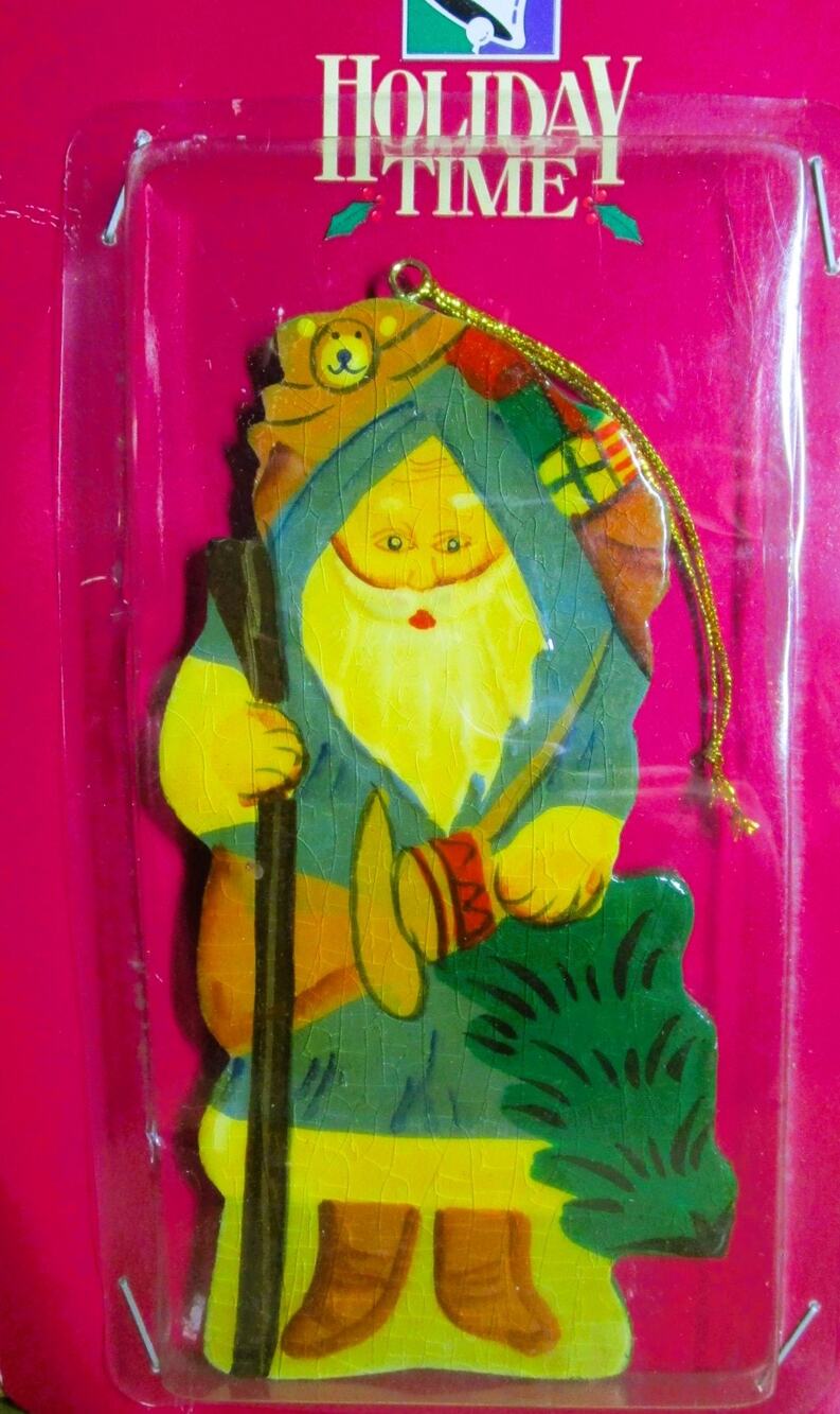 Holiday Time Wood Santa Ornament Green & White Suit Cane Christmas Decor 5 inch